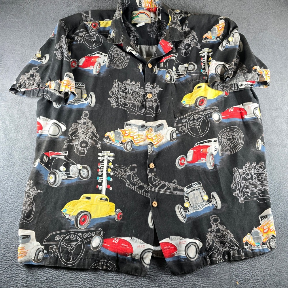 Paradise Found Mens Black Hot Rod Classic Car Rayon Hawaiian Shirt XL
